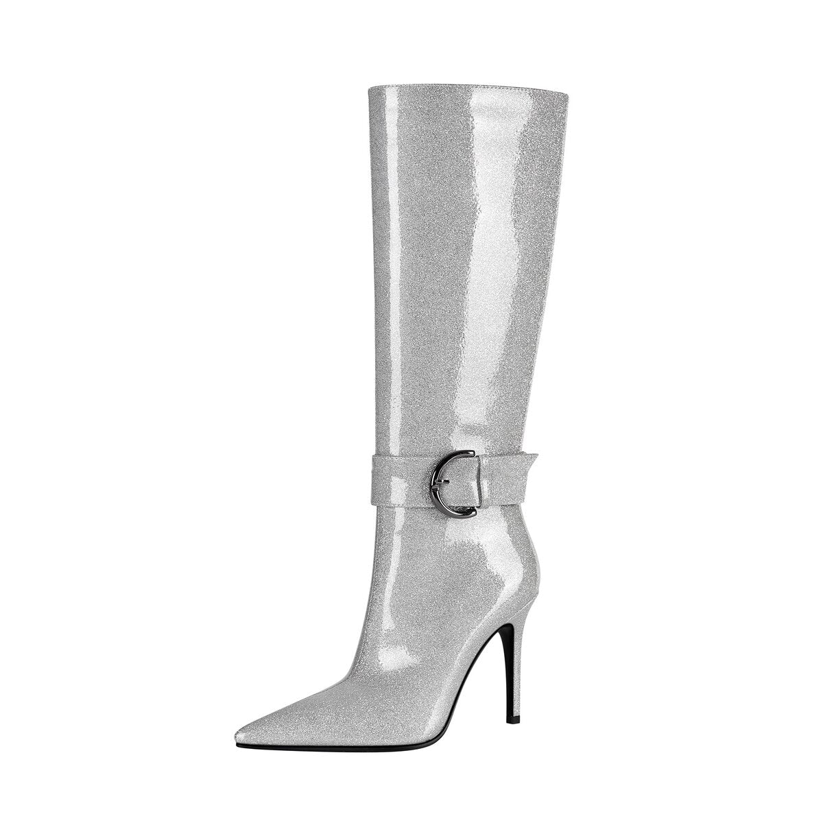 Glitter D Ring Buckle Pointed Toe Stiletto Knee High Boots