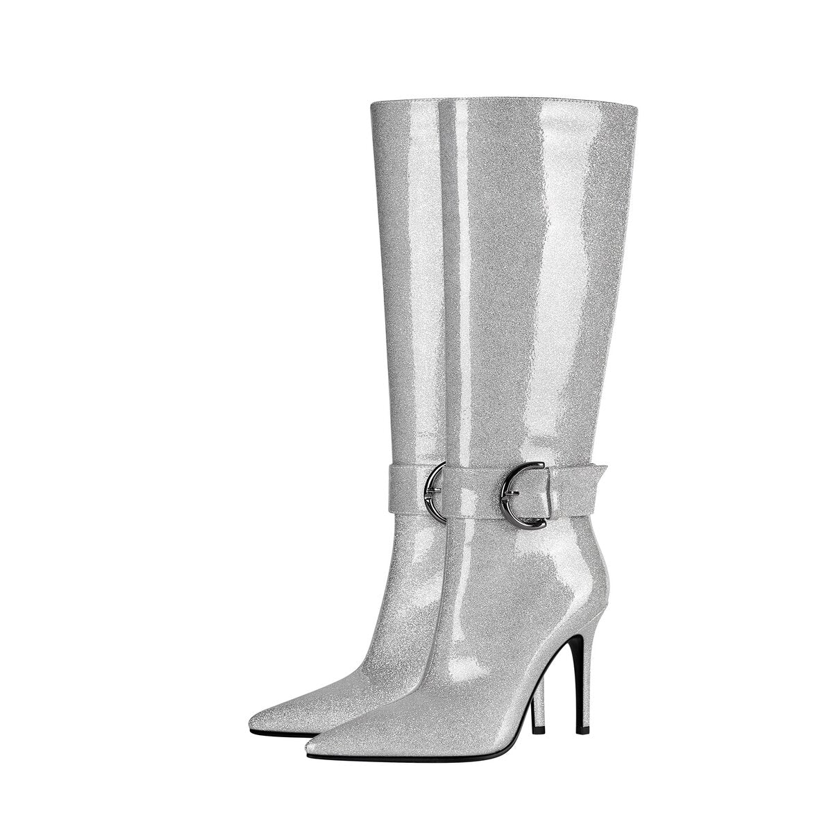 Glitter D Ring Buckle Pointed Toe Stiletto Knee High Boots
