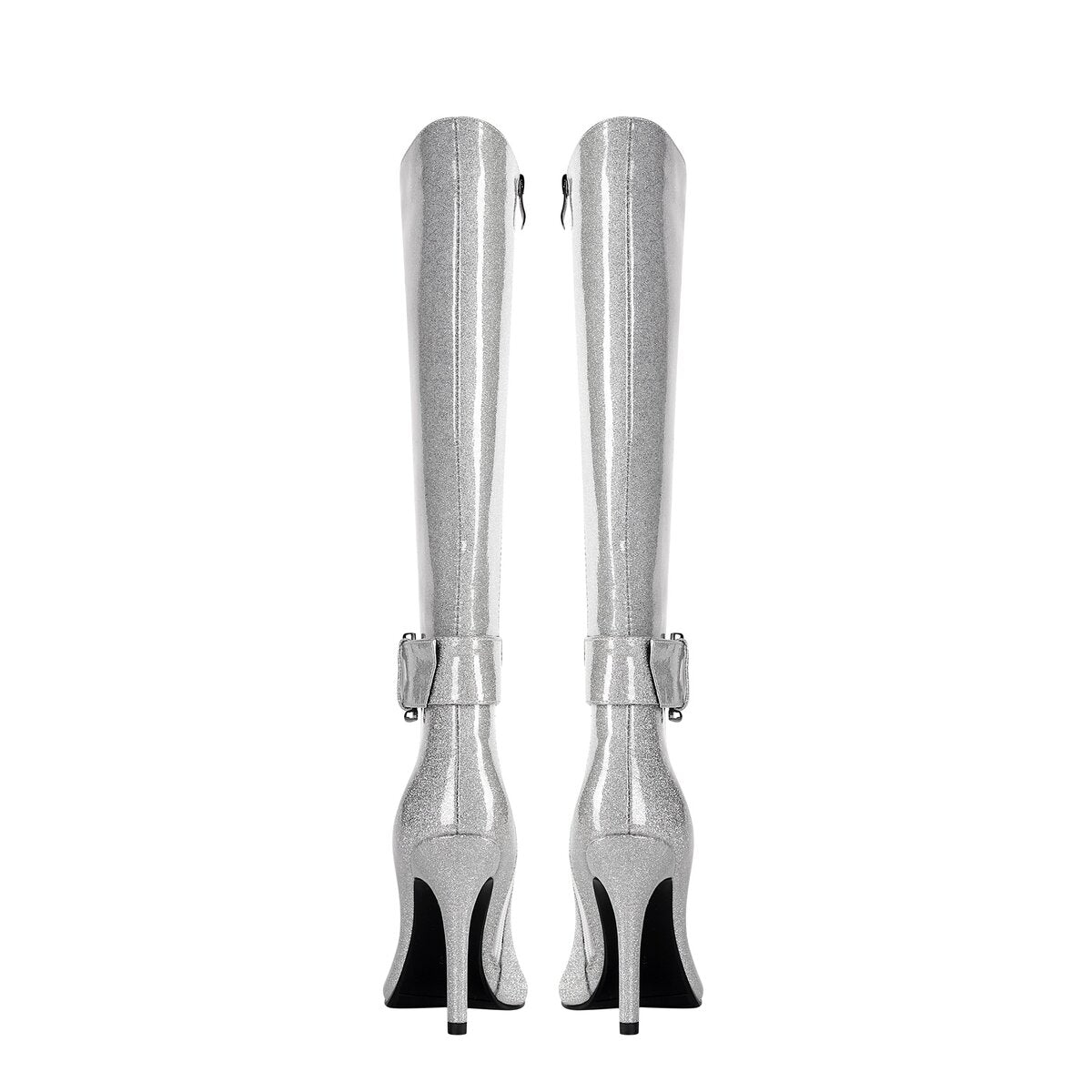 Glitter D Ring Buckle Pointed Toe Stiletto Knee High Boots