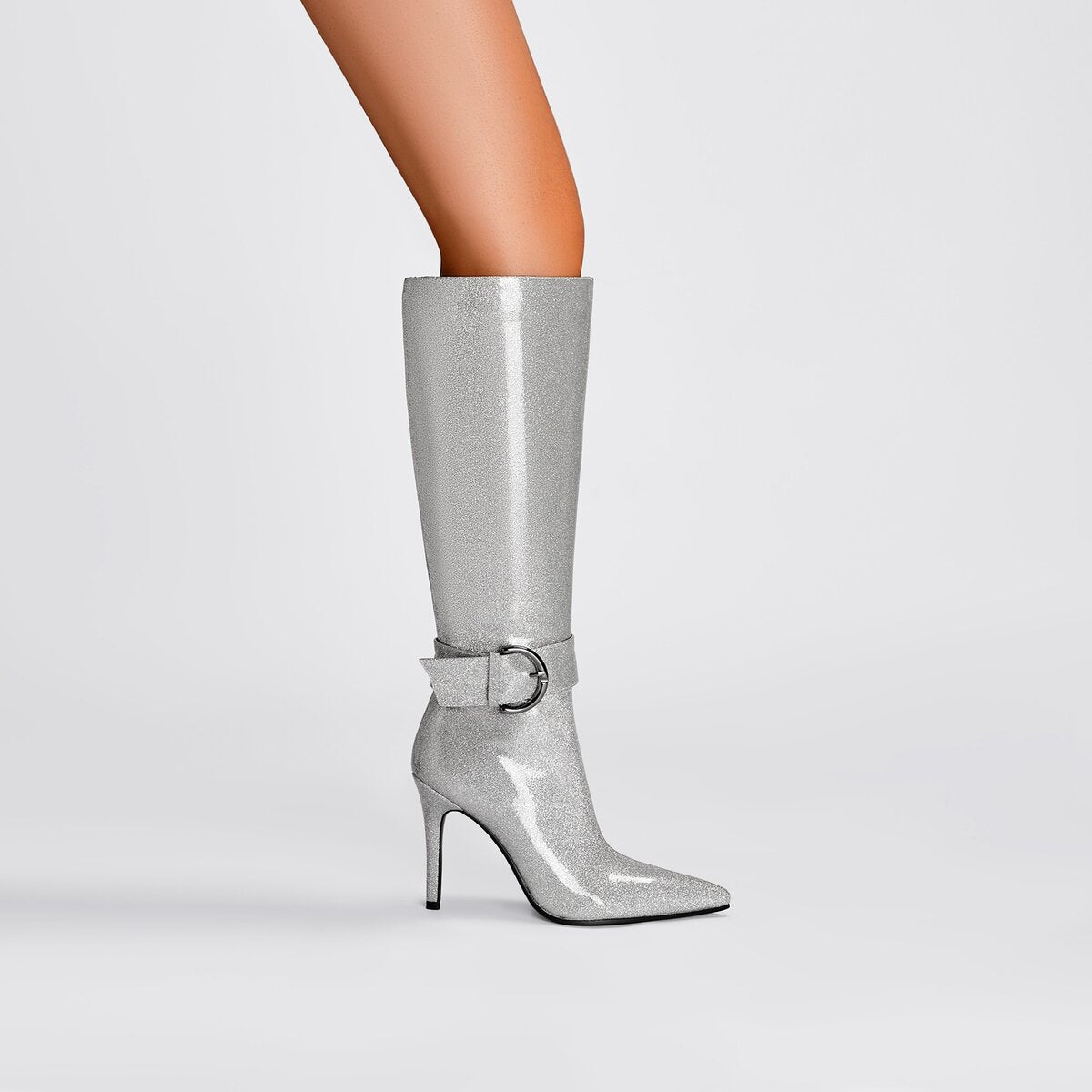 Glitter D Ring Buckle Pointed Toe Stiletto Knee High Boots