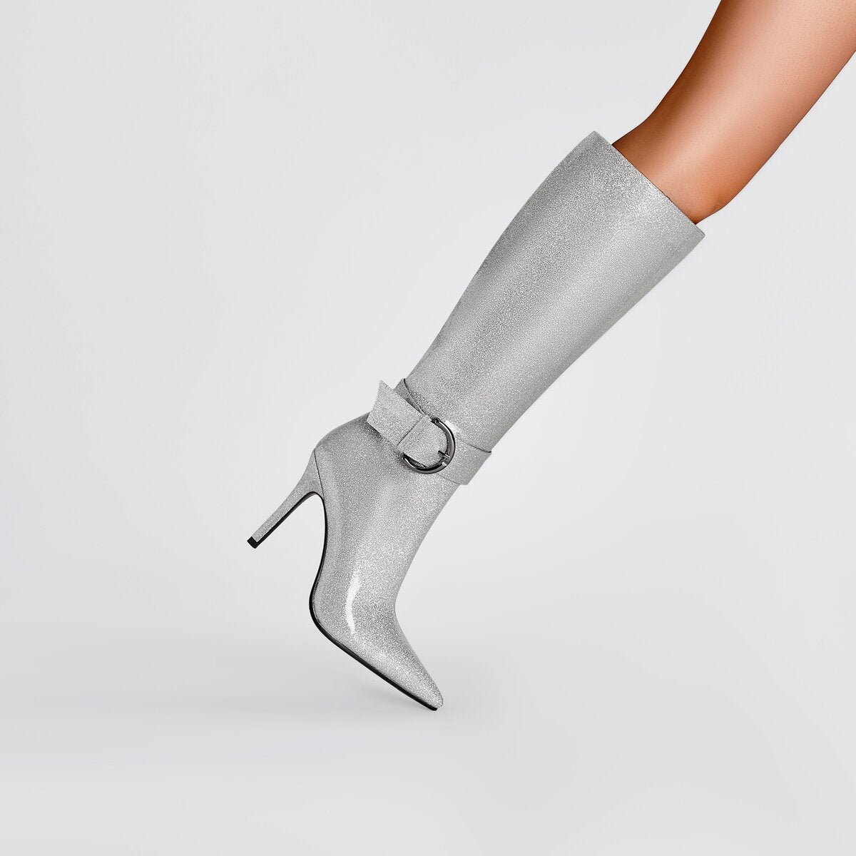 Glitter D Ring Buckle Pointed Toe Stiletto Knee High Boots