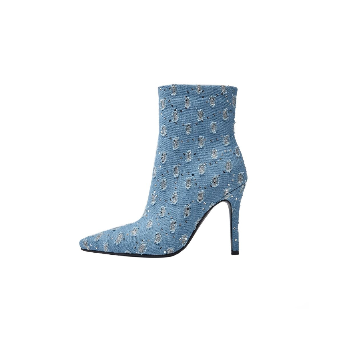 Glitter Patch Distressed Denim Stiletto Ankle Boots