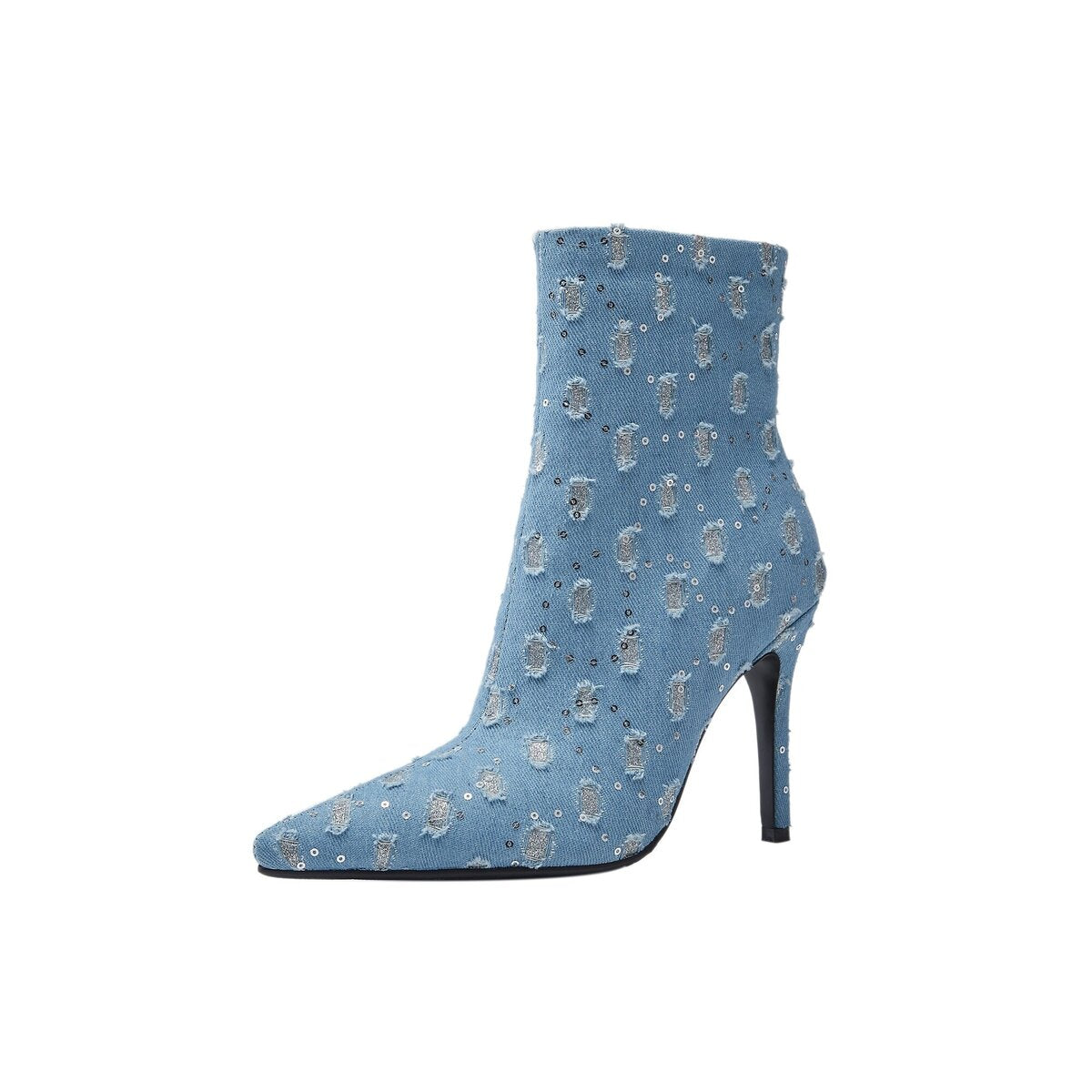 Glitter Patch Distressed Denim Stiletto Ankle Boots