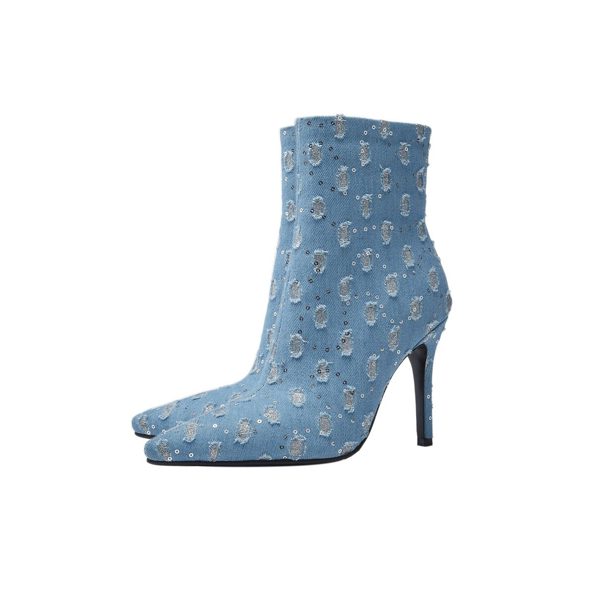 Glitter Patch Distressed Denim Stiletto Ankle Boots