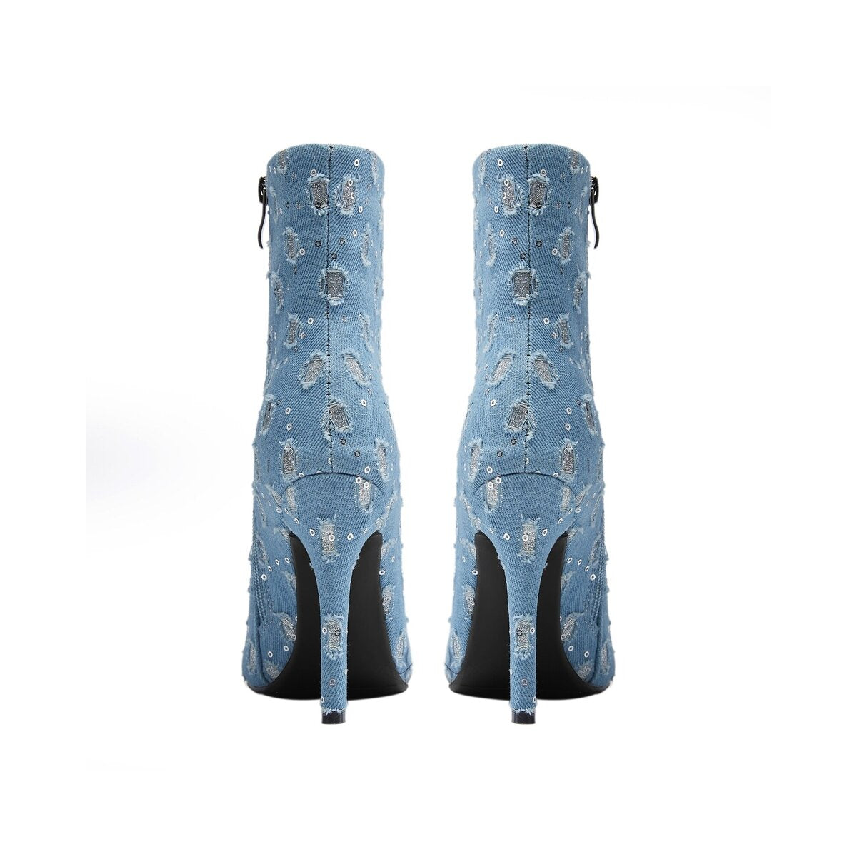 Glitter Patch Distressed Denim Stiletto Ankle Boots