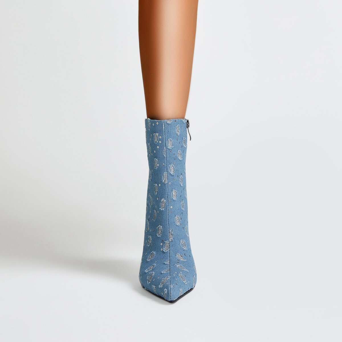 Glitter Patch Distressed Denim Stiletto Ankle Boots