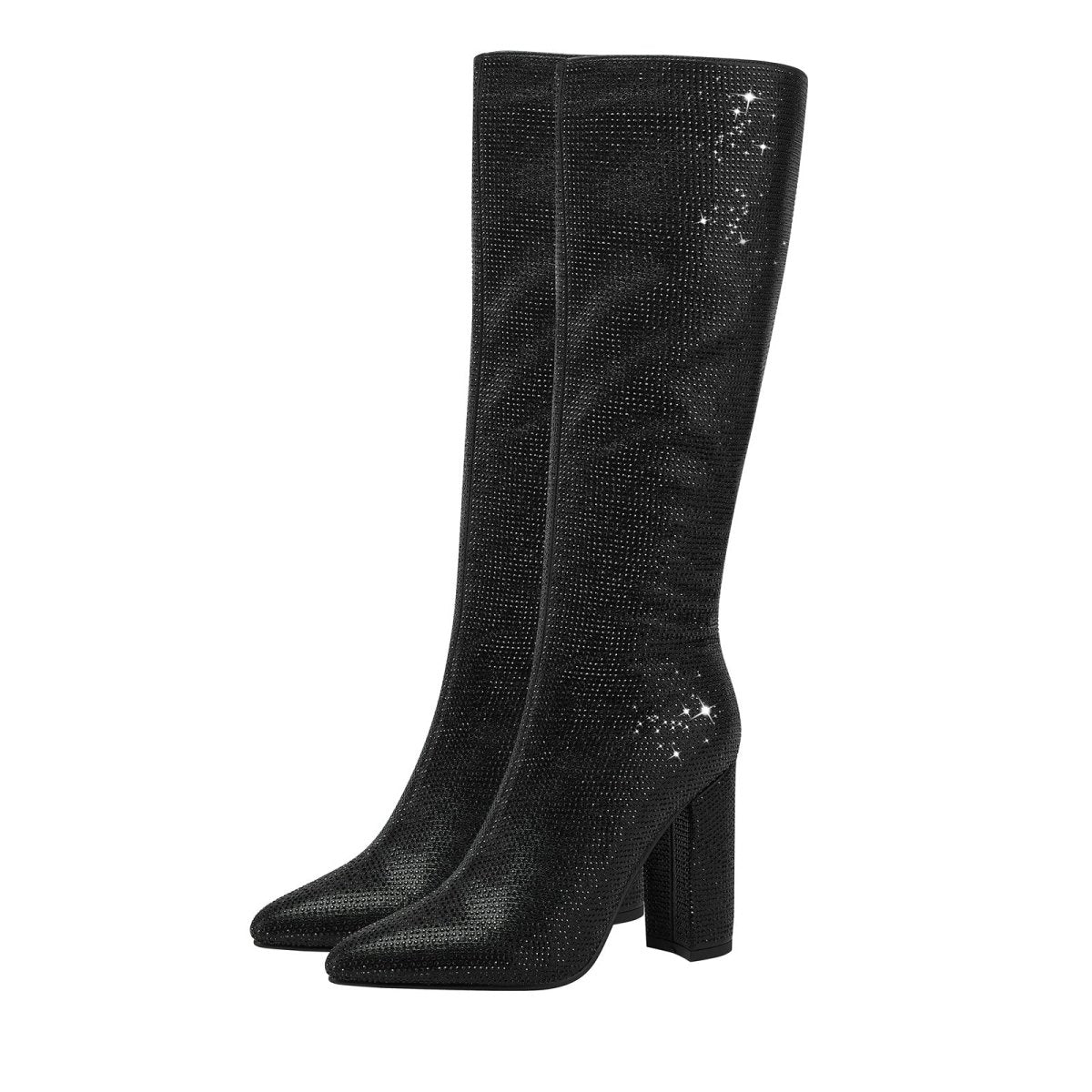 Glittery Rhinestone Pointed Toe Knee High Boots - 0cm