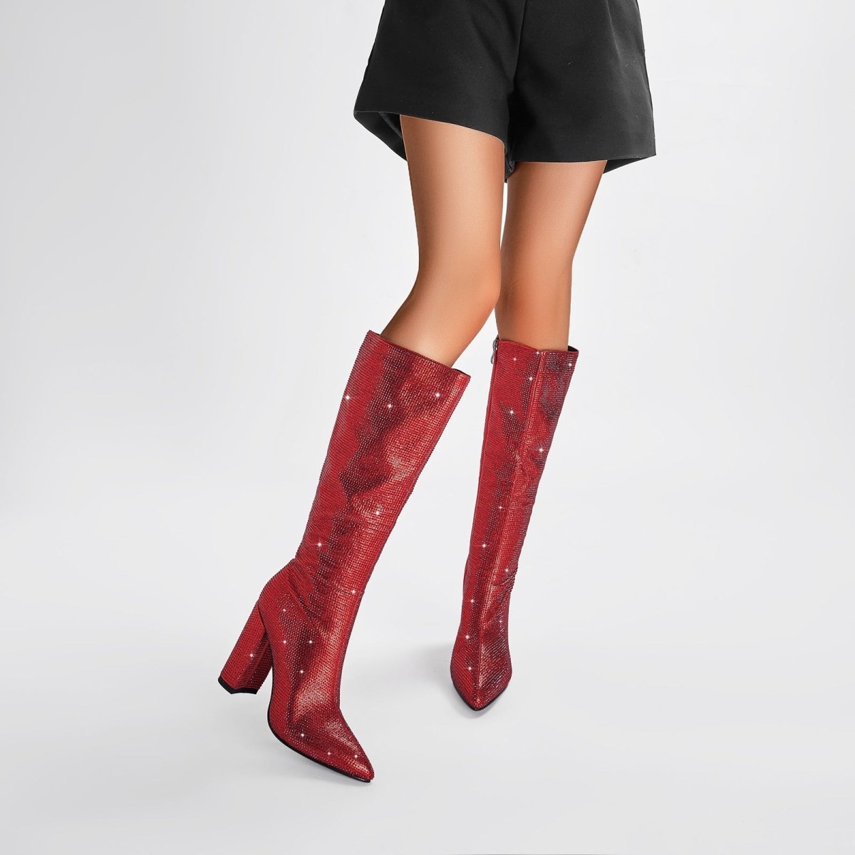 Glittery Rhinestone Pointed Toe Knee High Boots - 0cm