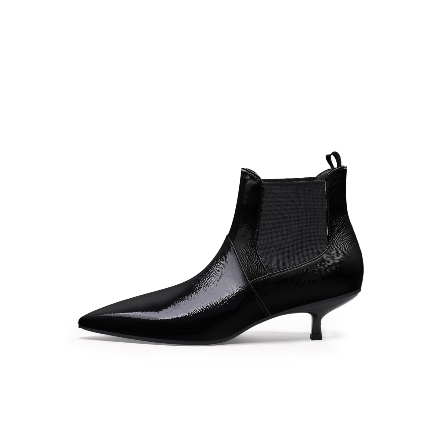 glossy leather kitten heel ankle boots all black 1