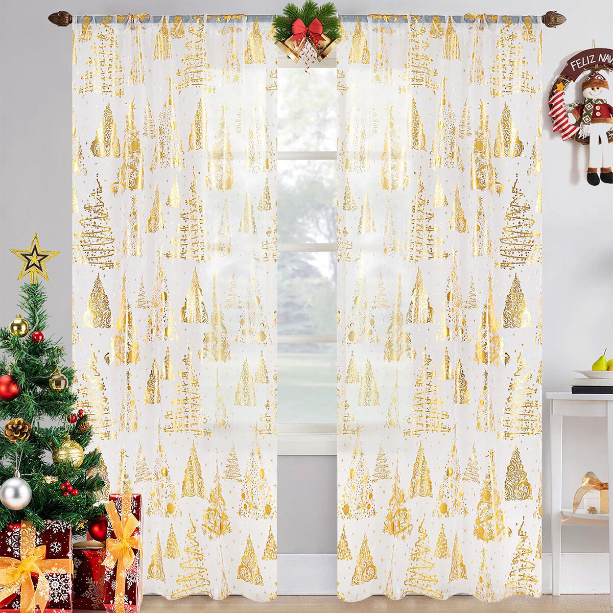 Gold Foil Christmas Tree Sheer Curtains – Terrilon Voile Panel Pair