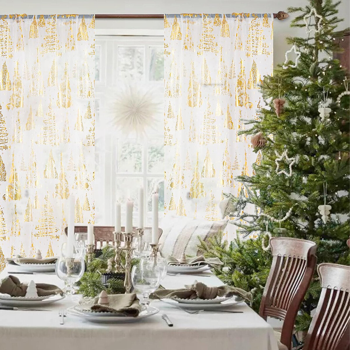 Gold Foil Christmas Tree Sheer Curtains – Terrilon Voile Panel Pair