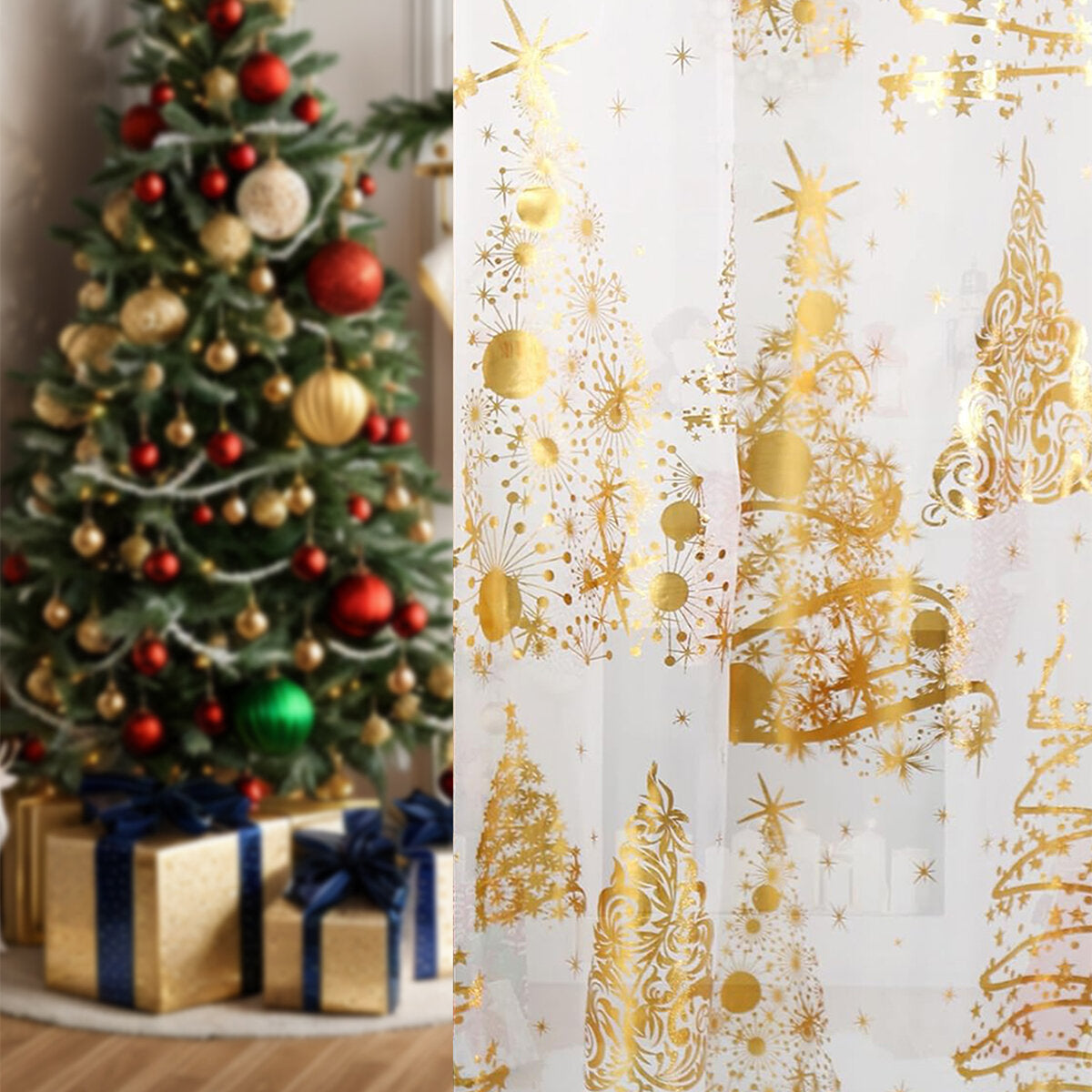 Gold Foil Christmas Tree Sheer Curtains – Terrilon Voile Panel Pair