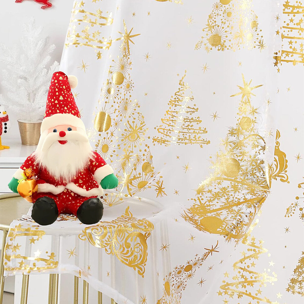Gold Foil Christmas Tree Sheer Curtains – Terrilon Voile Panel Pair