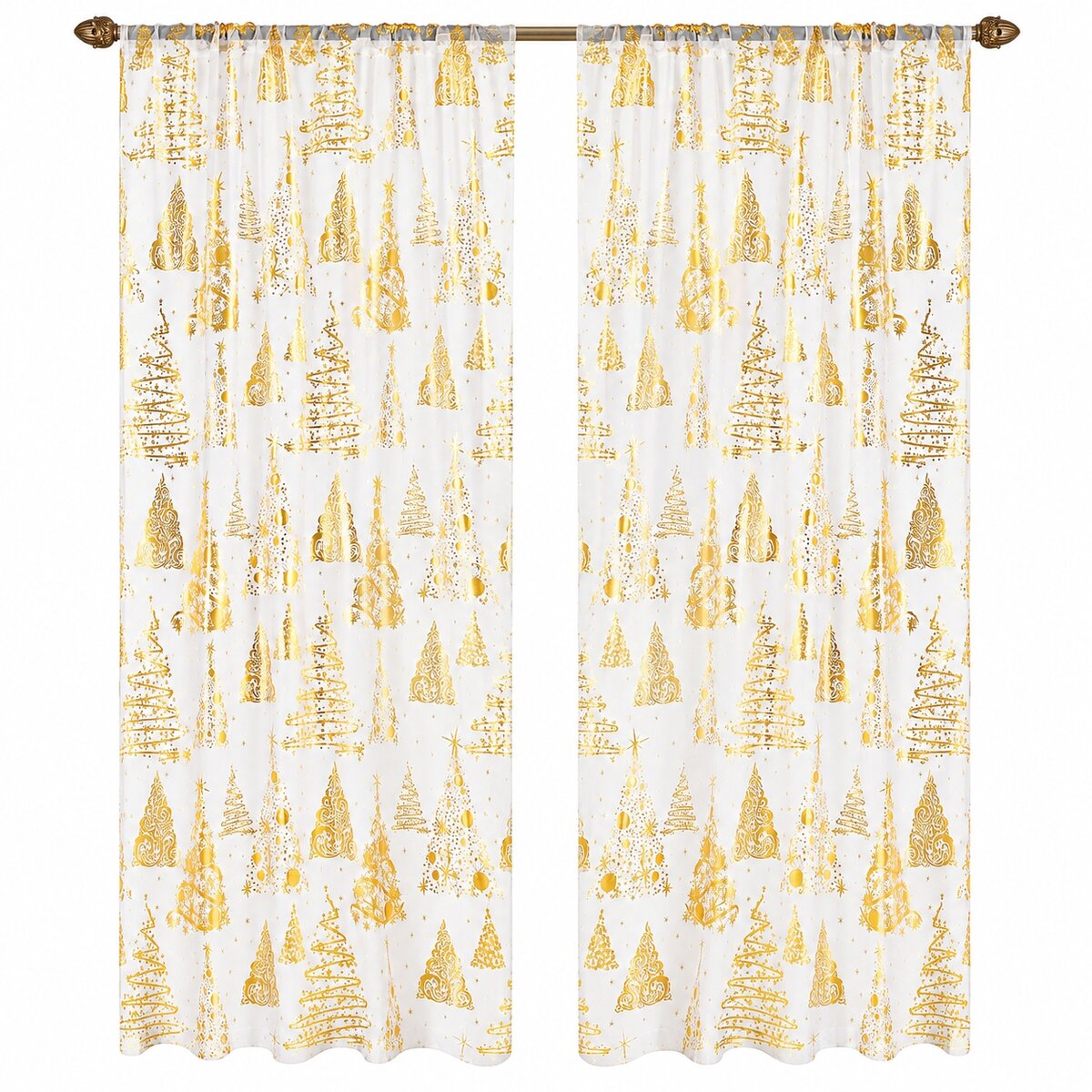 Gold Foil Christmas Tree Sheer Curtains – Terrilon Voile Panel Pair
