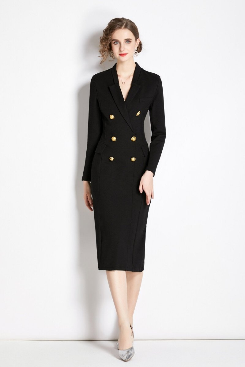 Gold Double Breasted Black Midi Blazer Dress - 0cm