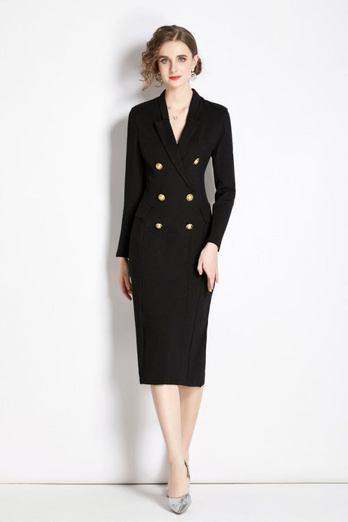 Gold Double Breasted Black Midi Blazer Dress - 0cm