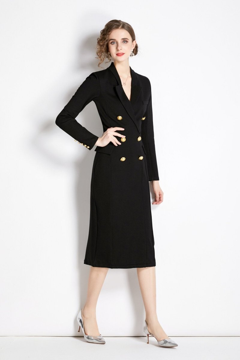 Gold Double Breasted Black Midi Blazer Dress - 0cm