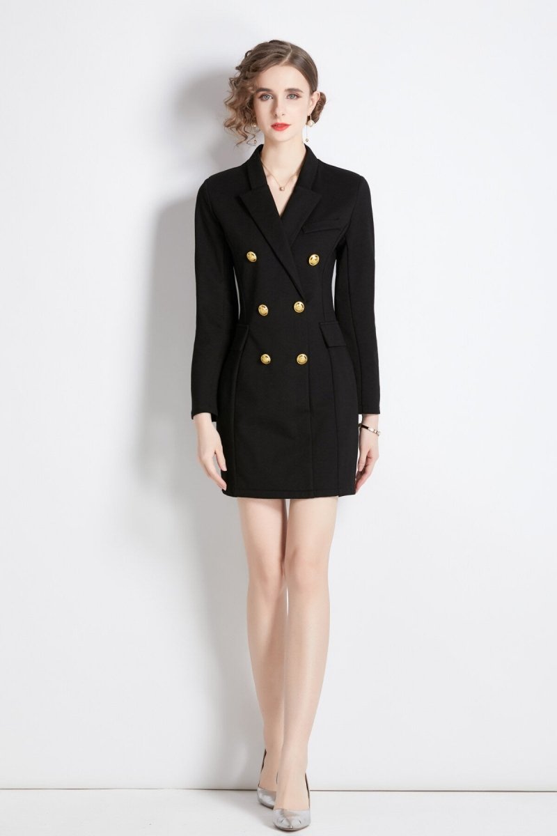 Gold Double Breasted Little Black Blazer Dress - 0cm