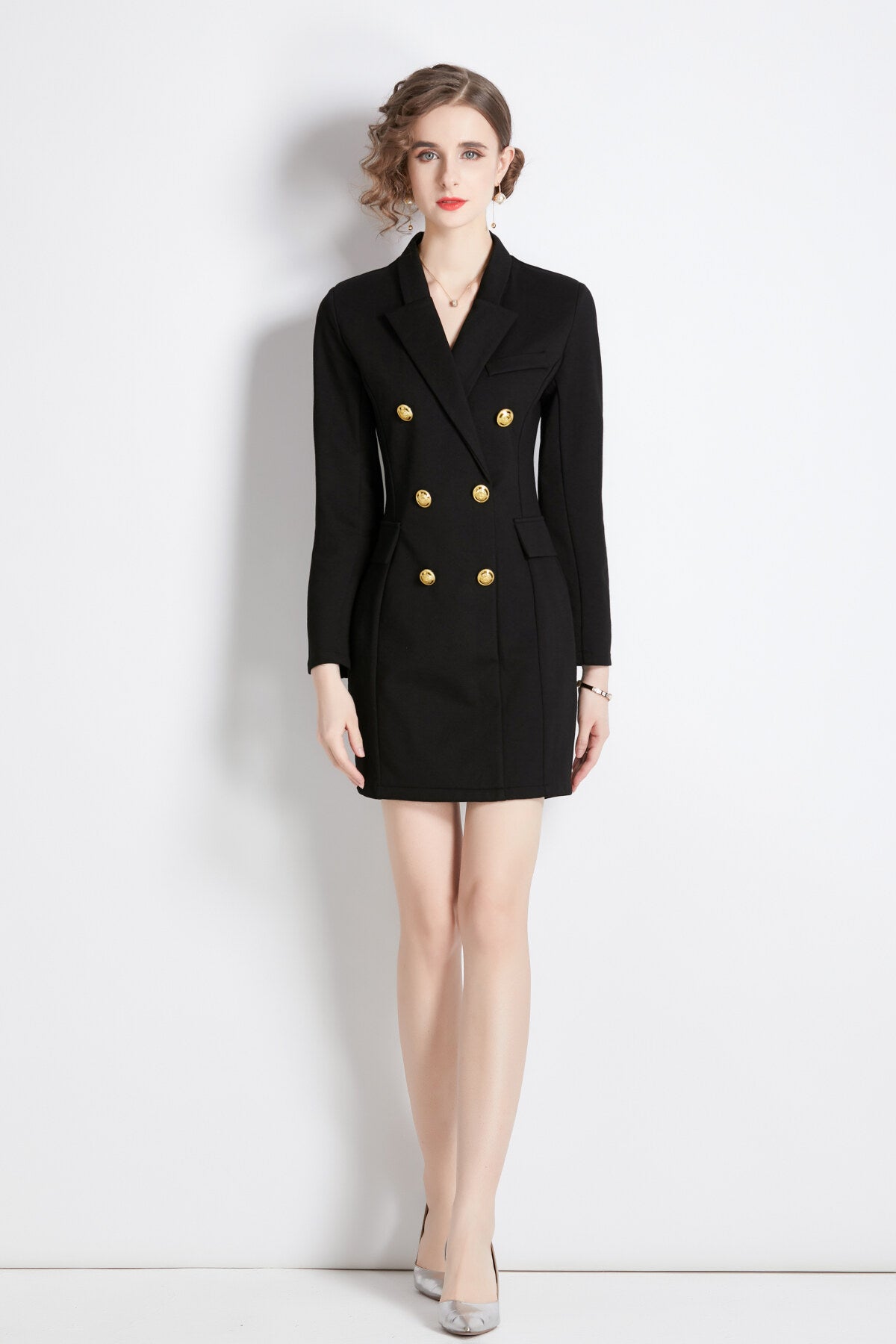 gold double breasted little black blazer dress all black 1