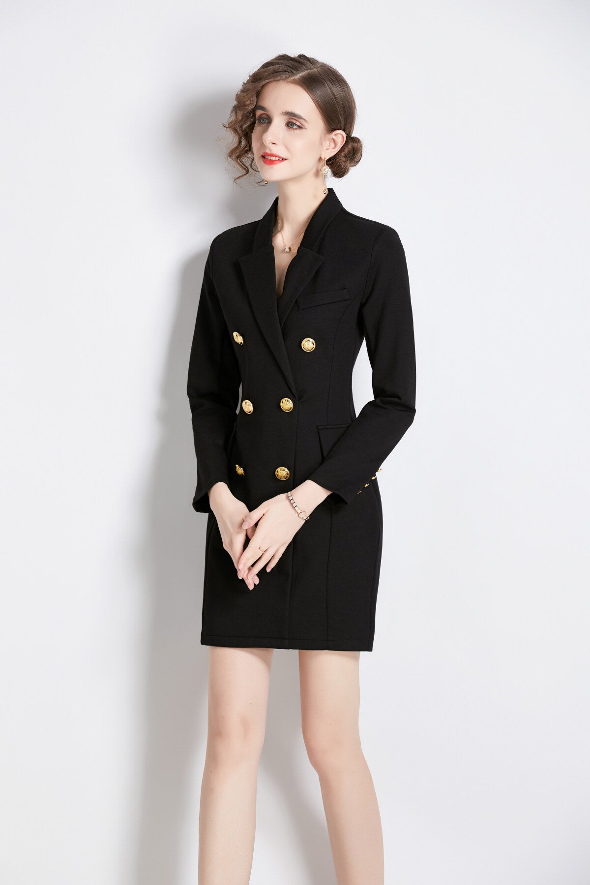 gold double breasted little black blazer dress all black 2