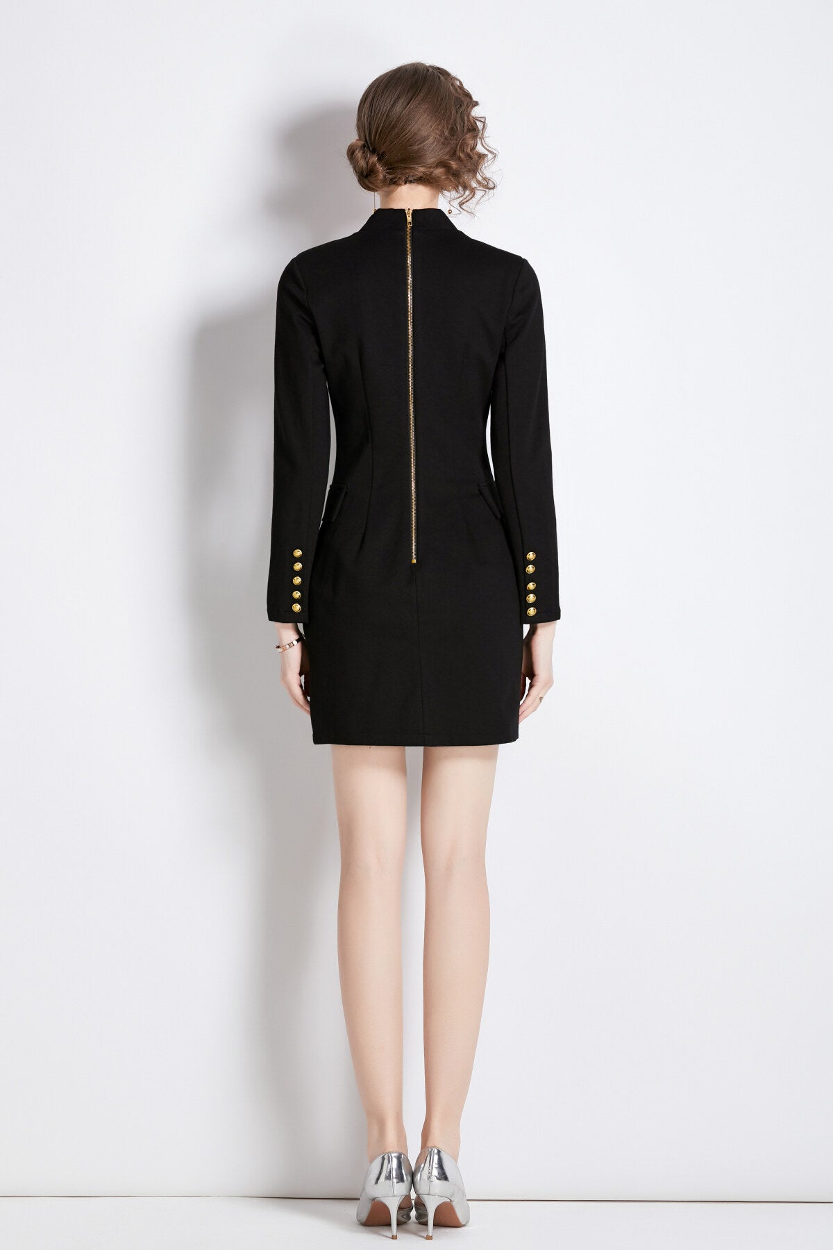 gold double breasted little black blazer dress all black 4