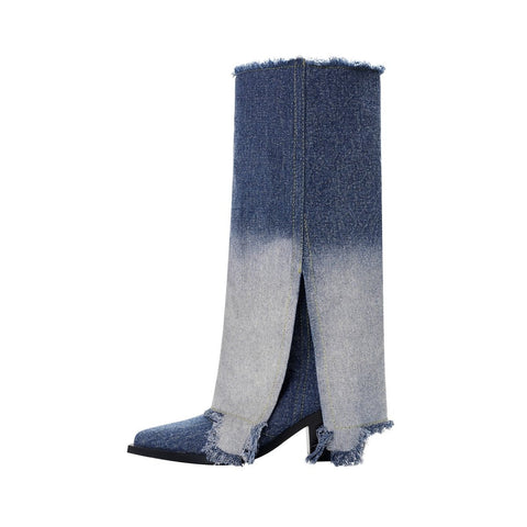 Gradient Navy Frayed Denim Knee High Boots