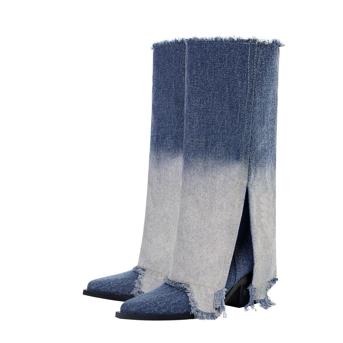 Gradient Navy Frayed Denim Knee High Boots - 0cm