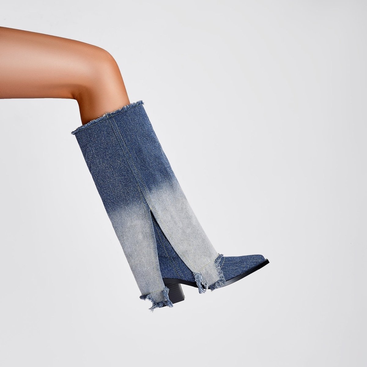 Gradient Navy Frayed Denim Knee High Boots - 0cm