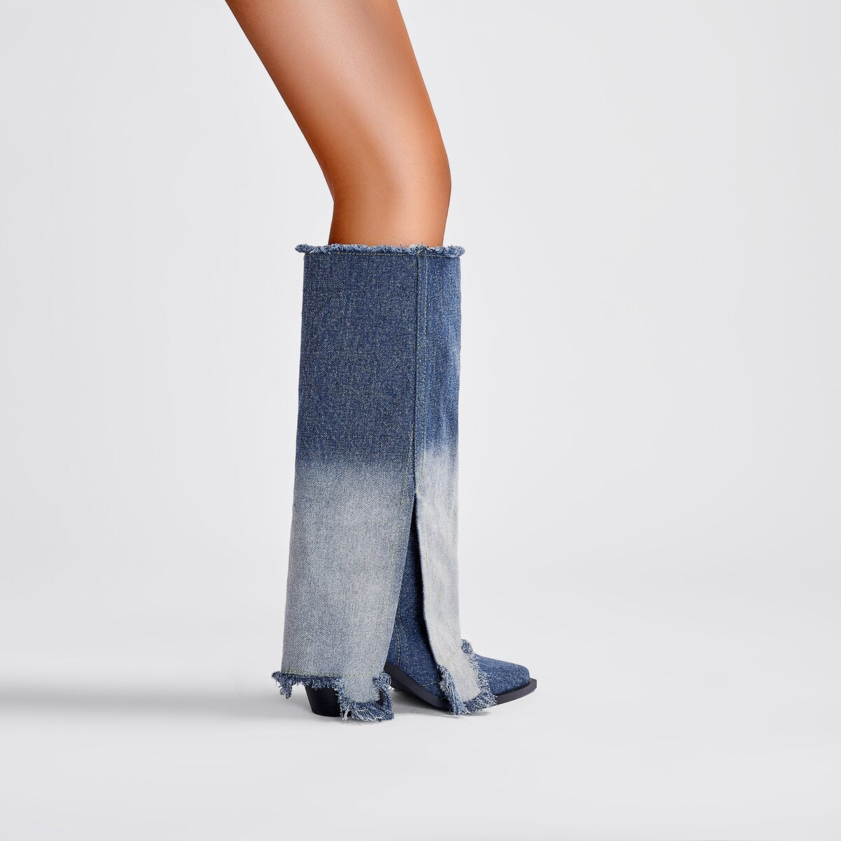 Gradient Wash Frayed Split Shaft Denim Knee High Boots