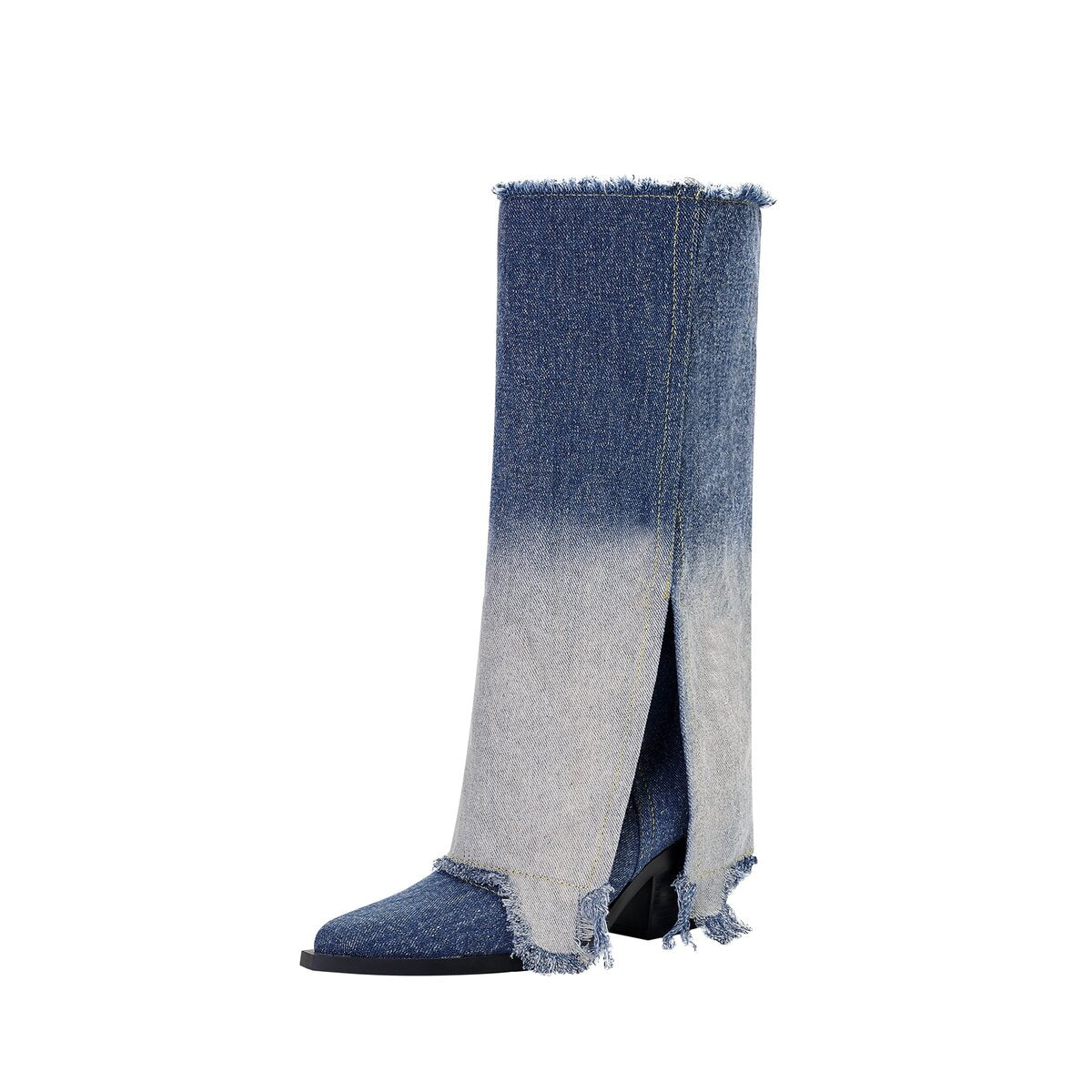 Gradient Wash Frayed Split Shaft Denim Knee High Boots