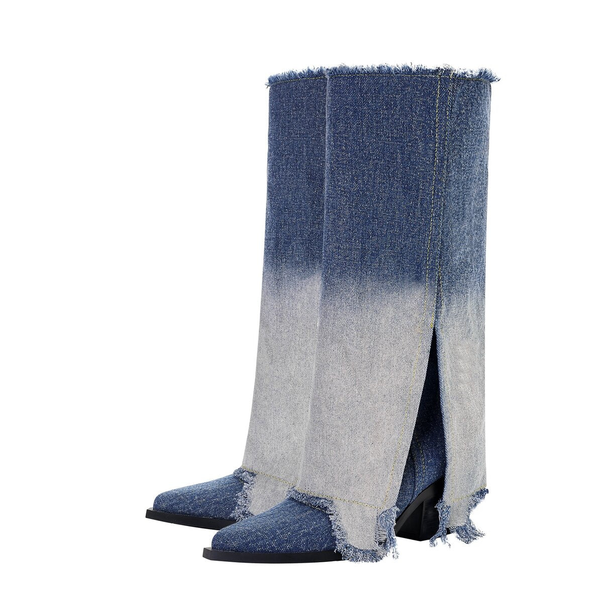 Gradient Wash Frayed Split Shaft Denim Knee High Boots