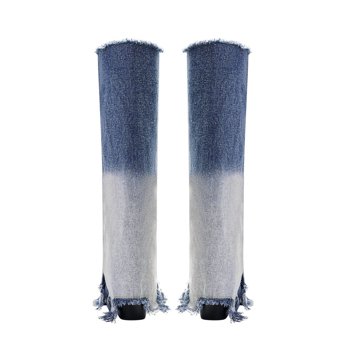 Gradient Wash Frayed Split Shaft Denim Knee High Boots