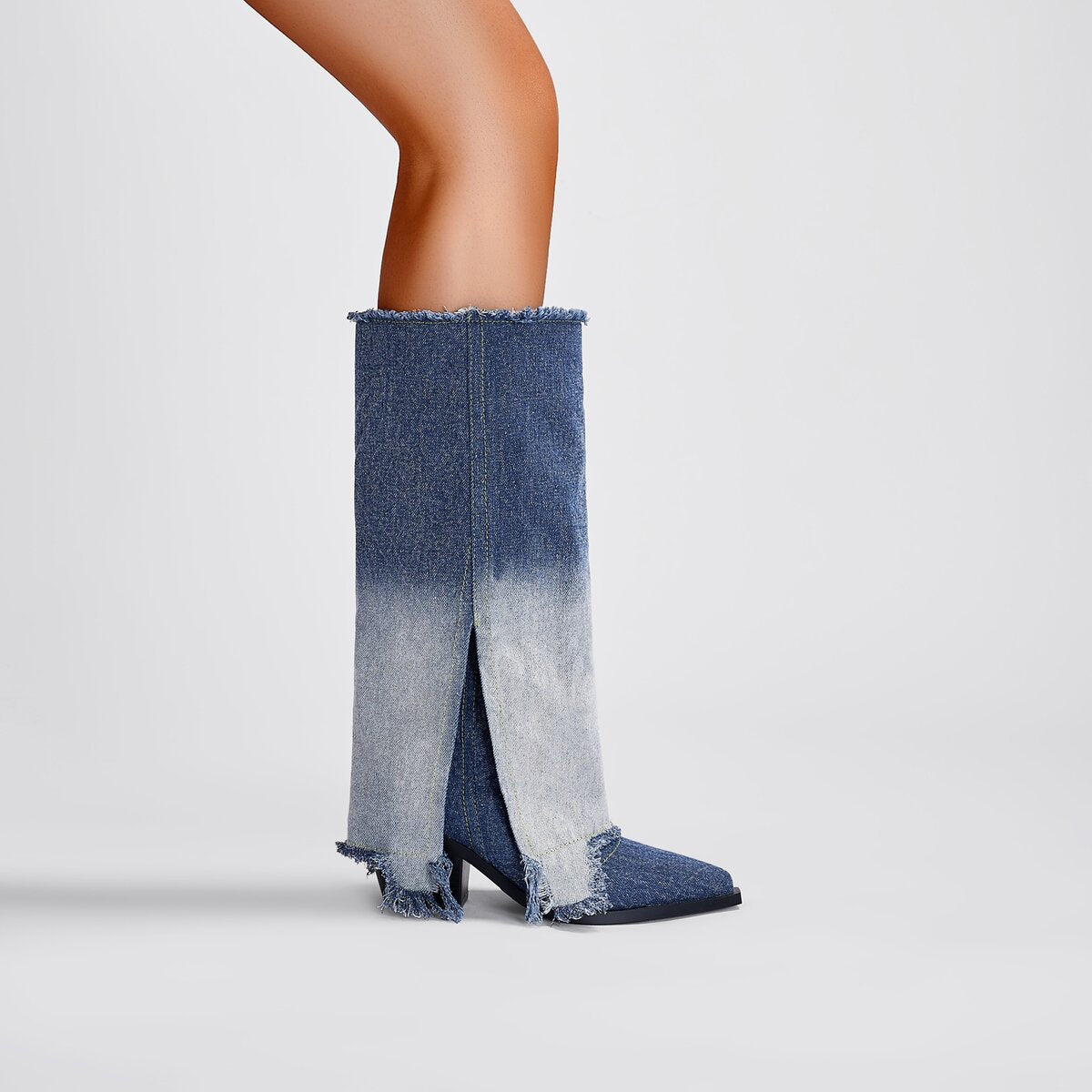 Gradient Wash Frayed Split Shaft Denim Knee High Boots