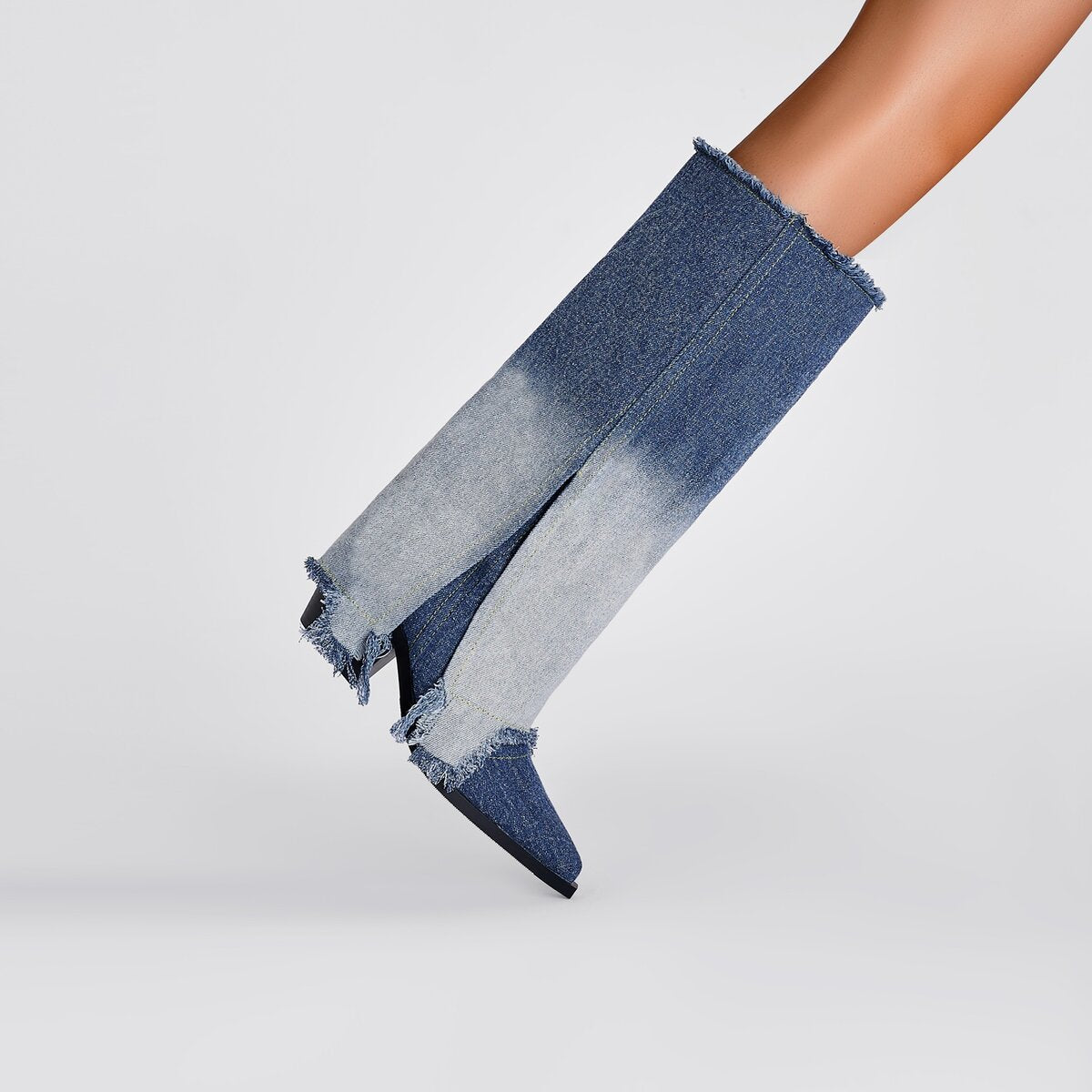 Gradient Wash Frayed Split Shaft Denim Knee High Boots