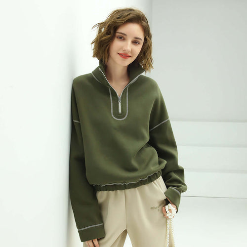 Graphic Trim Zip Up Green Sweater