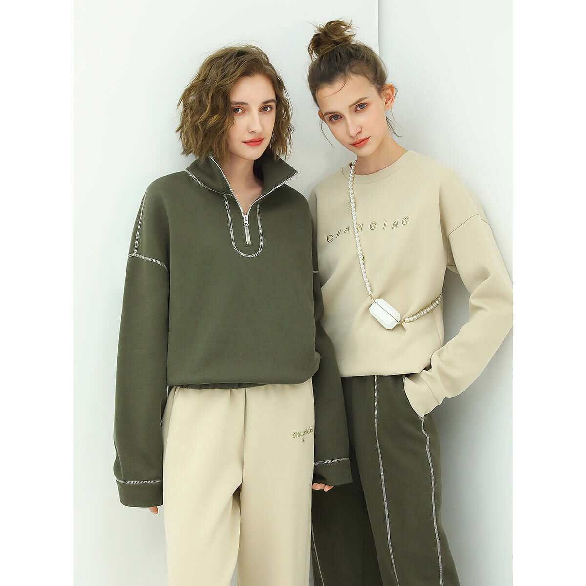 graphic trim zip up green sweater all green 2