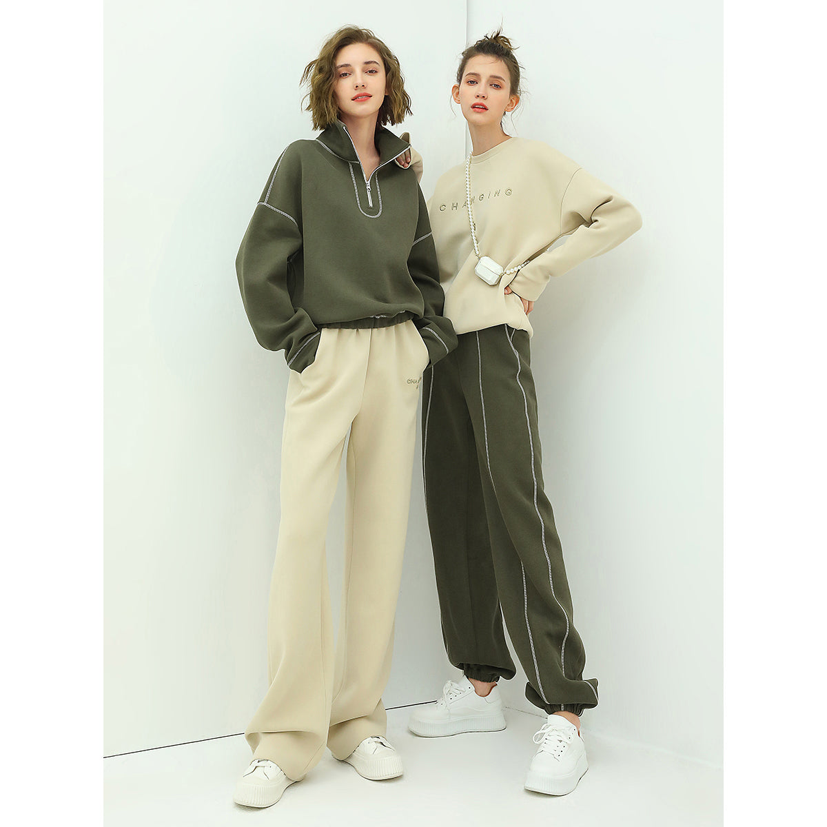 graphic trim zip up green sweater all green 3