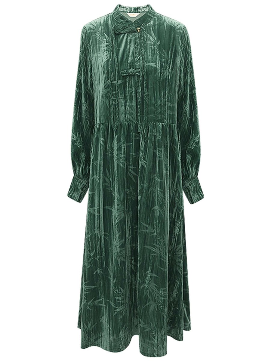 green bamboo leaf and knotted button dress all green 4