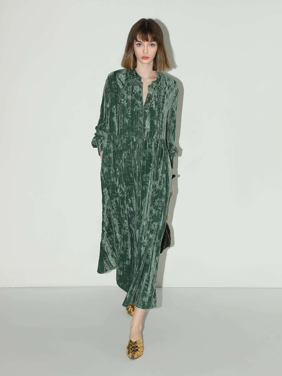green bamboo leaf and knotted button dress all green 2