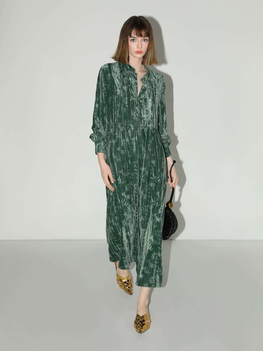 green bamboo leaf and knotted button dress all green 3