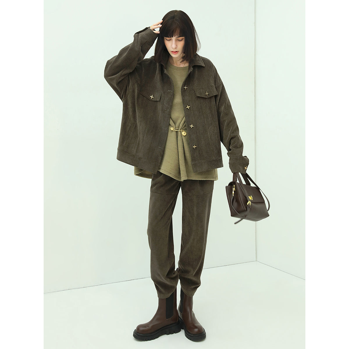 green corduroy jacket with gold embellishments all green 2