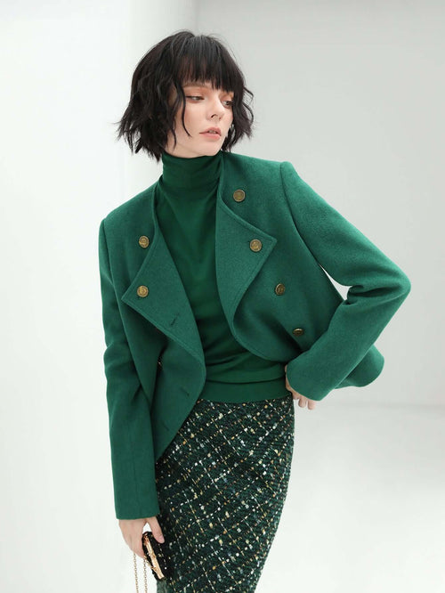 Green Double Breasted Wool Blend Jacket