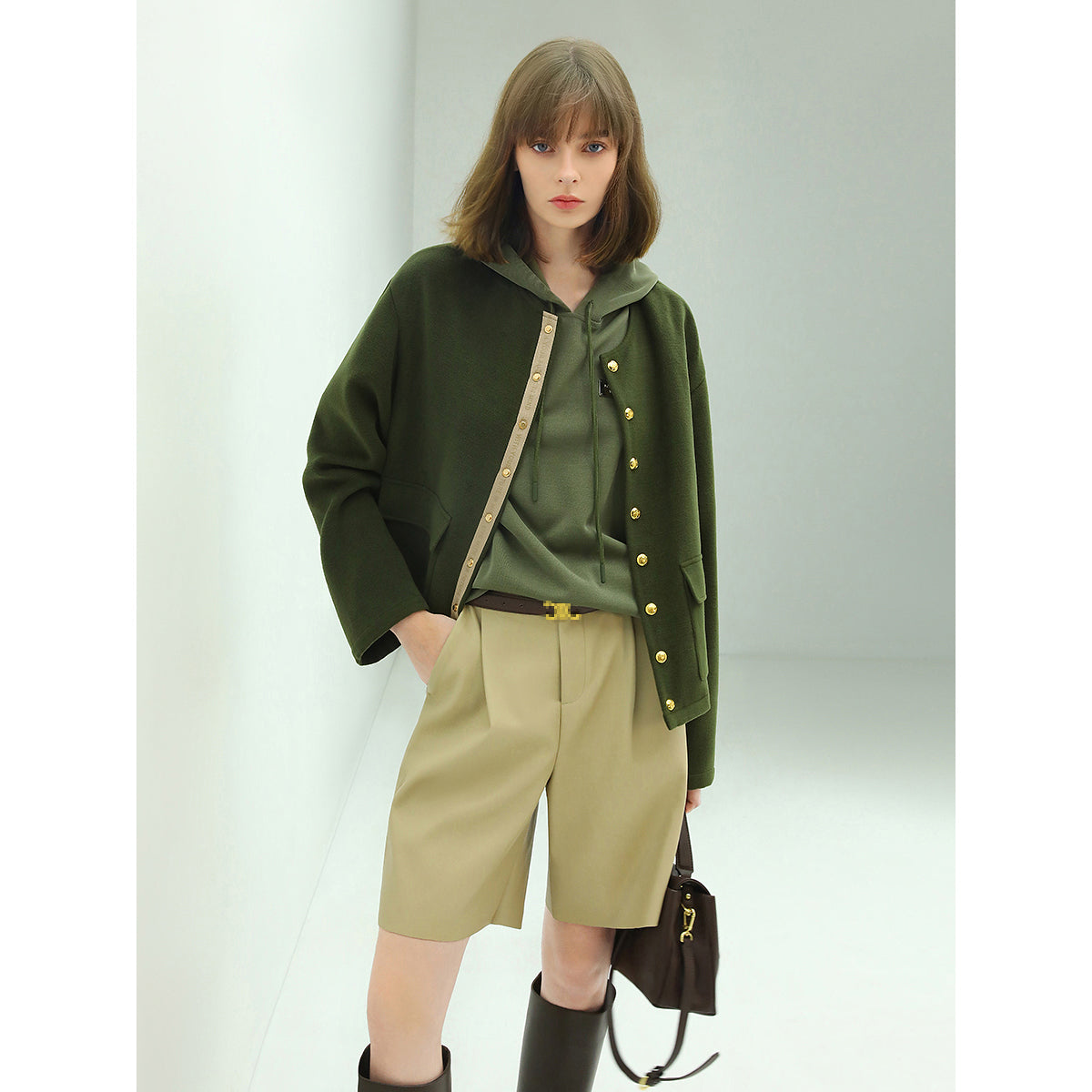 green letterman jacket with gold snap buttons all green 2