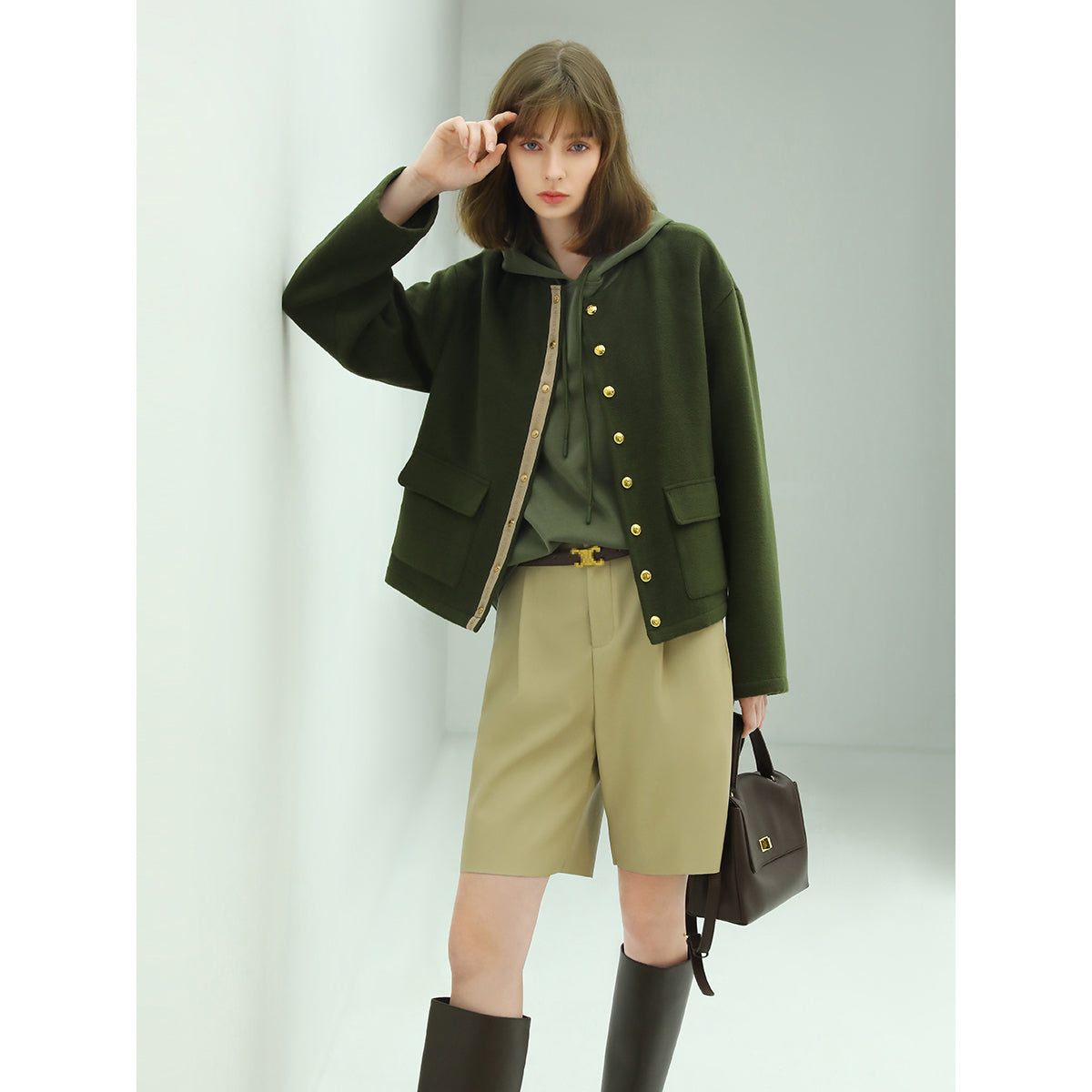 green letterman jacket with gold snap buttons all green 3