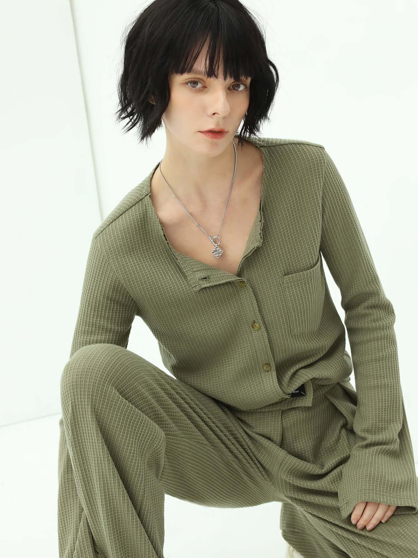 green waffle knit cardigan all green 2