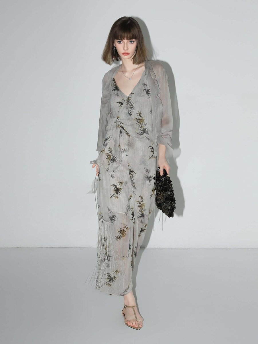 grey bamboo foliage asymmetrical wrap dress all grey 1