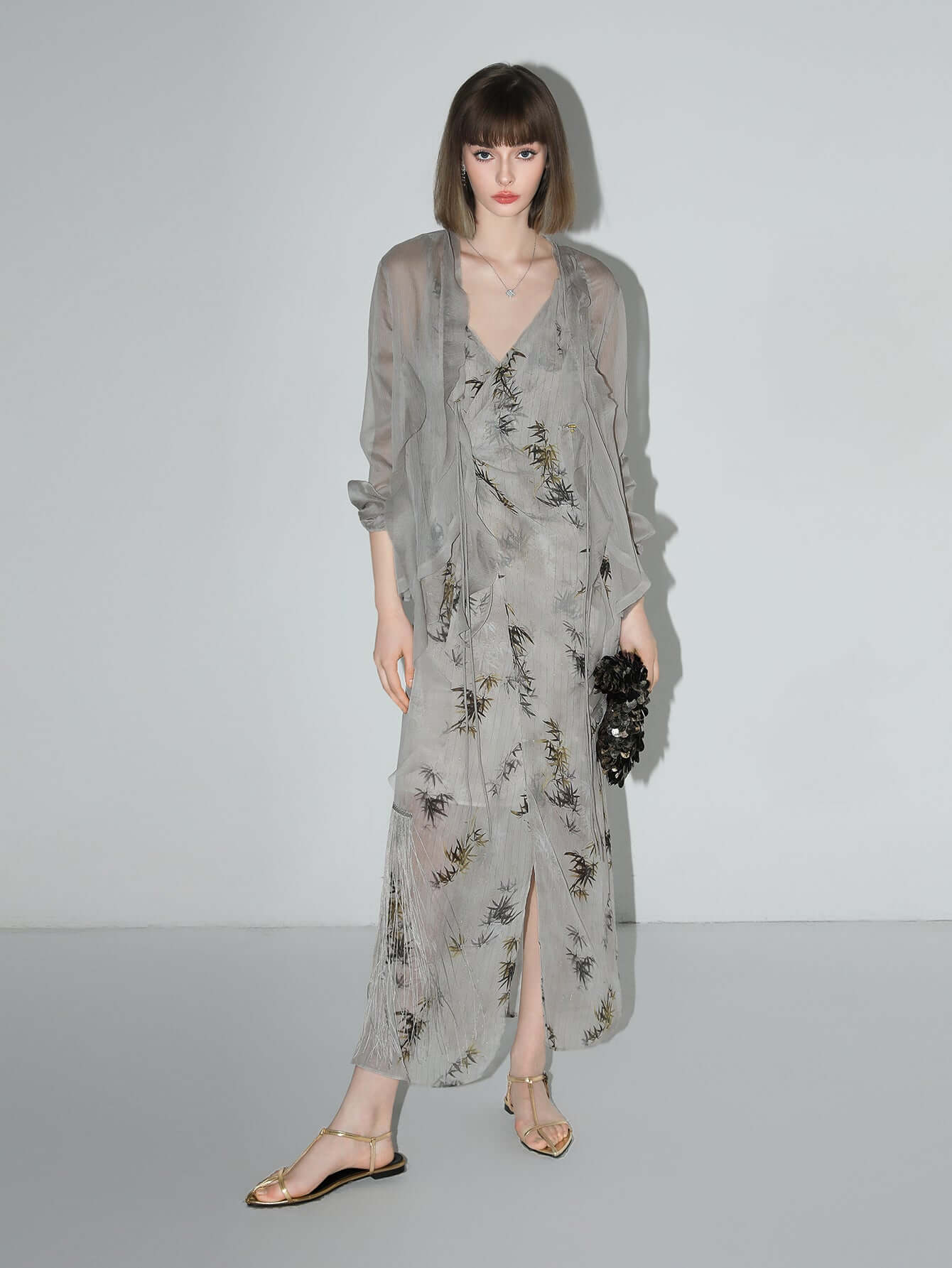 grey bamboo foliage asymmetrical wrap dress all grey 2