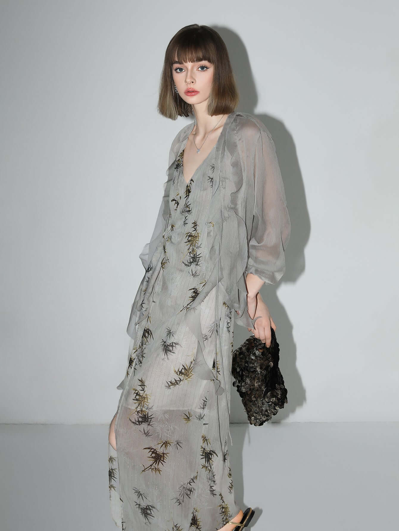 grey bamboo foliage asymmetrical wrap dress all grey 3