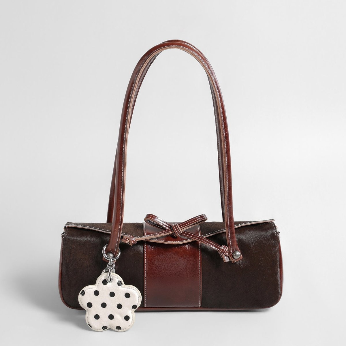 Hair-On Leather East-West Shoulder Bag – Bow Detail Long Handle Bag with Charm