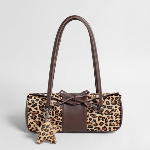 Hair-On Leather East-West Shoulder Bag – Bow Detail Long Handle Bag with Charm